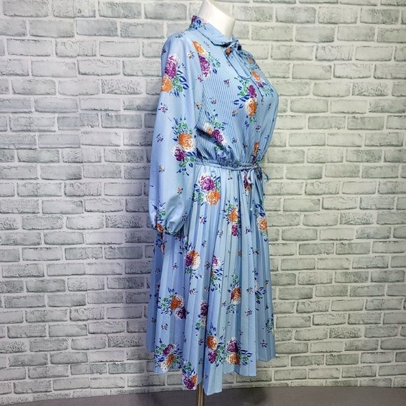 Vintage 70s Blue Floral Sheer Scarf Tie‎ Collar Pleated Secretary Midi Dress - Picture 6 of 12